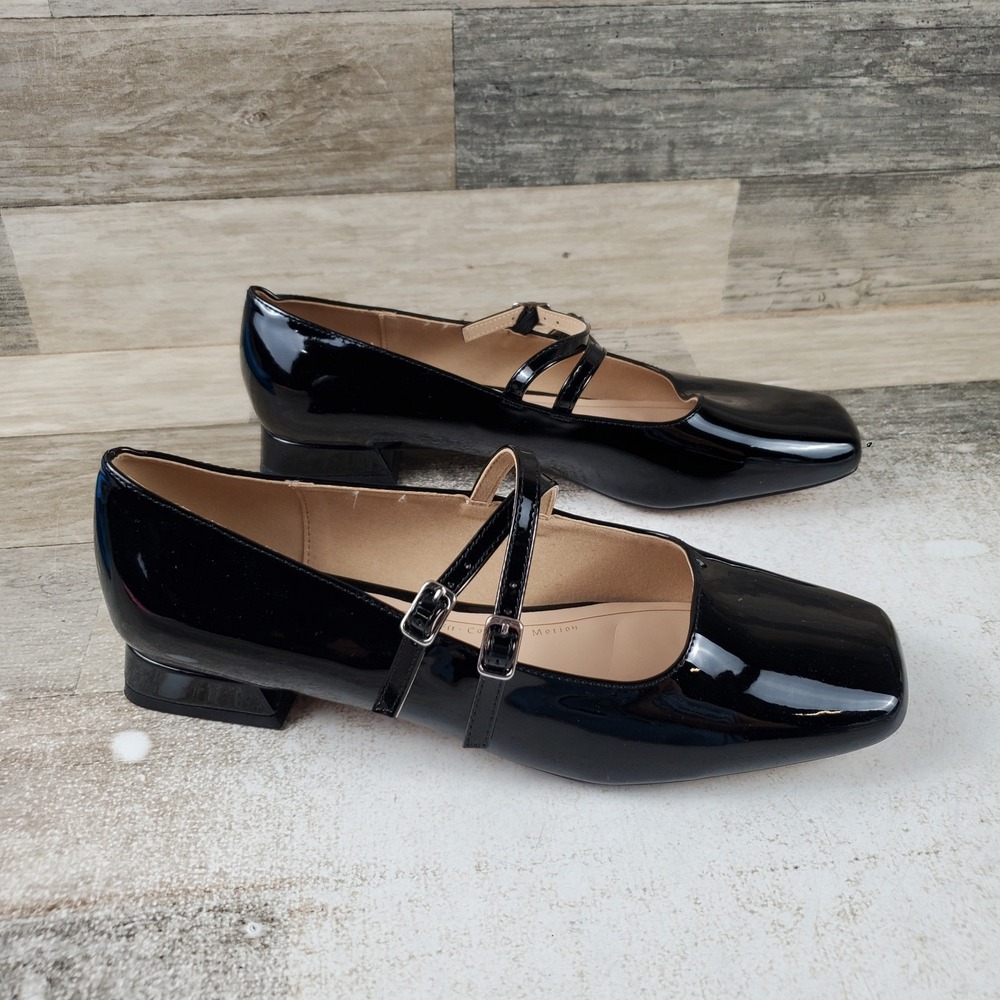 Journee Gredah Womens Mary Jane Flats Sz 8.5 Black Patent Dual Buckle Square Toe